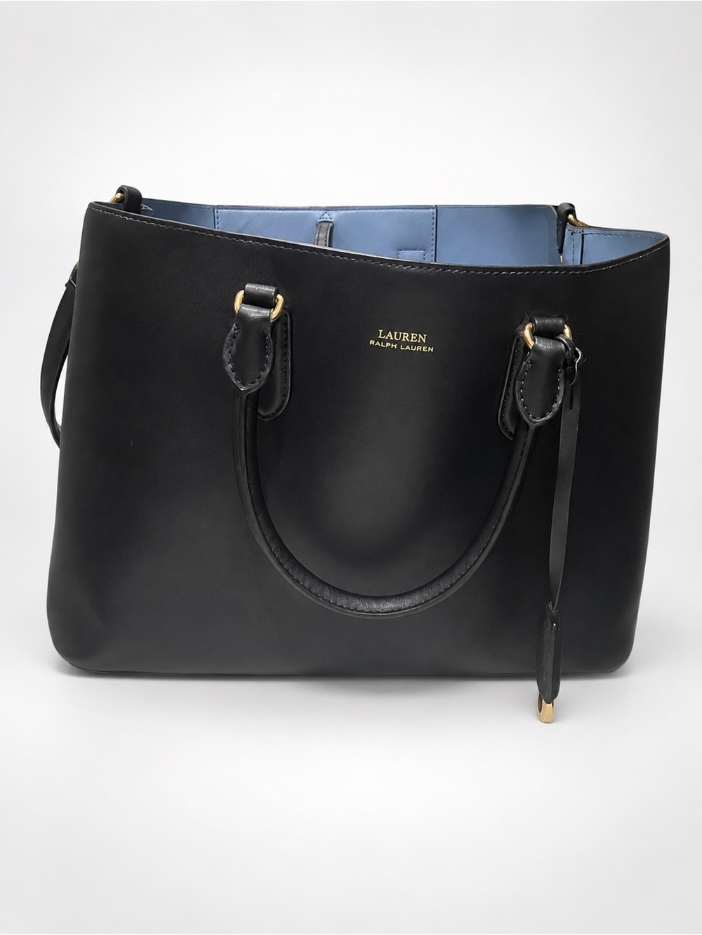 Lauren Ralph Lauren Black Leather Tote with Light Blue Lining